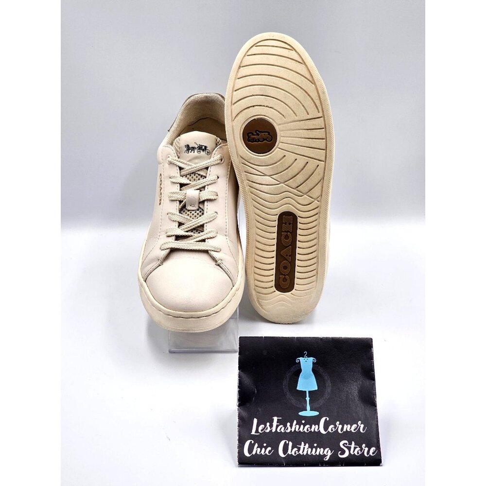 Coach Women's Beige Brown Logo Leather Clip Low-Top Sneakers Size 7.5B 2390 - Picture 4 of 16